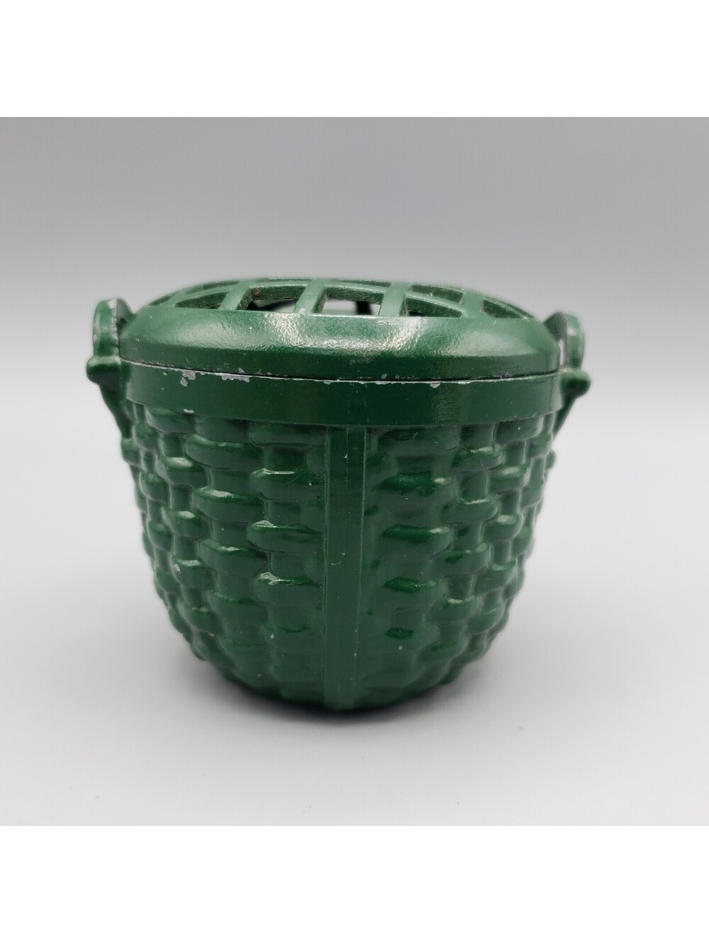 Vintage Dept 56 Green Flower Frog Cast Iron Peck Basket with Lid Department